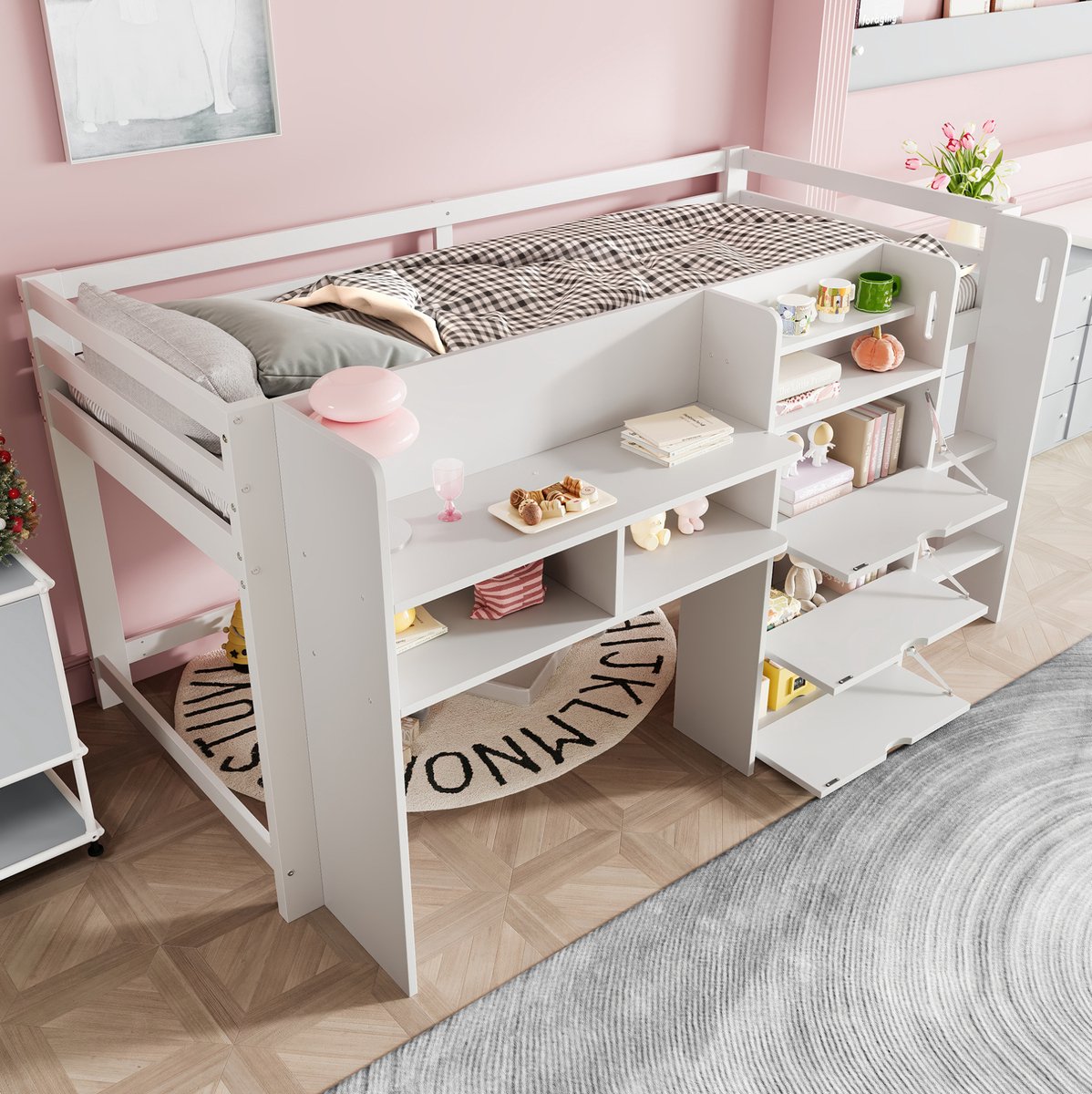 Wishdor Halfhoogslaper 90x200 cm - Huisvorm met opbergruimte - Ladder en uitvalbeveiliging - Kinderkamer slaapkamer speelhoek - Hout en MDF - Wit