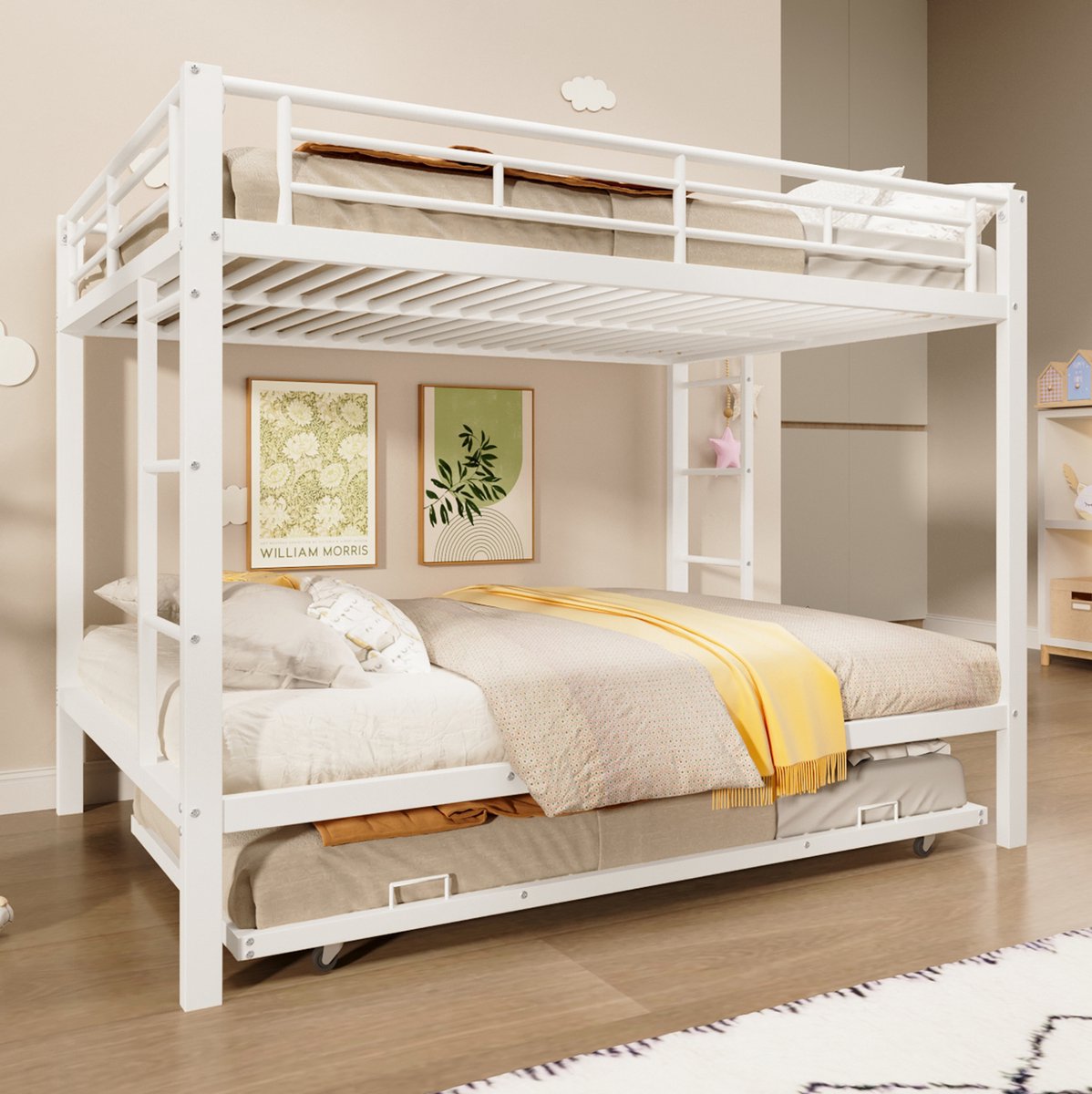 Wishdor Stapelbed 140x200 cm - Met uitschuifbed - Hoge veiligheidshekken - Voor meerdere kinderen - Modern minimalistisch - Kinderkamer slaapkamer - Metaal - Wit