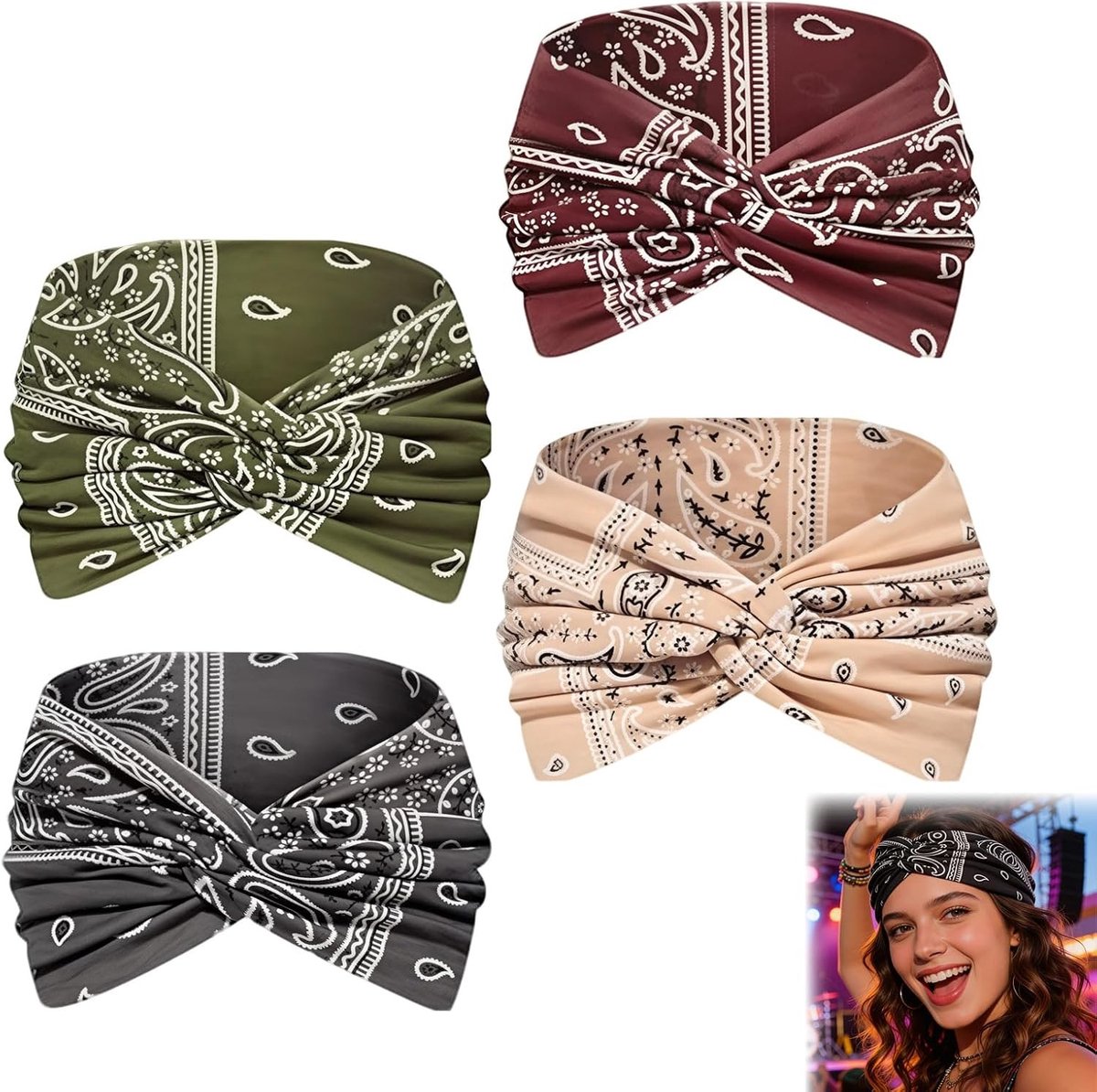 Set van 4 elastische haarbanden voor dames in boho-vintage stijl, ideaal voor yoga en sportactiviteiten