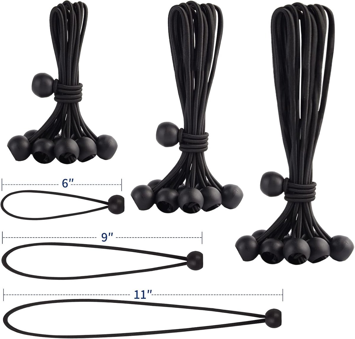 30 Stuks Tentspanner - Spanelastiek met Bal - Spanner Elastiek met Bal - Spanelastiek - 3 Maten: 6, 9 en 11 Inch - Voor Tenten, Zeilen, Spanners, Bootzeil, Schaduwdoek, Aanhangwagen