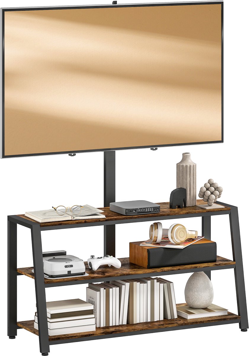ECTEATOY® TV meubel industrieel met TV-Beugel - TV Kast voor 32-70 Inch - Draaibaar 35° - 3 Open Planken - 108x41x135 cm - bruin