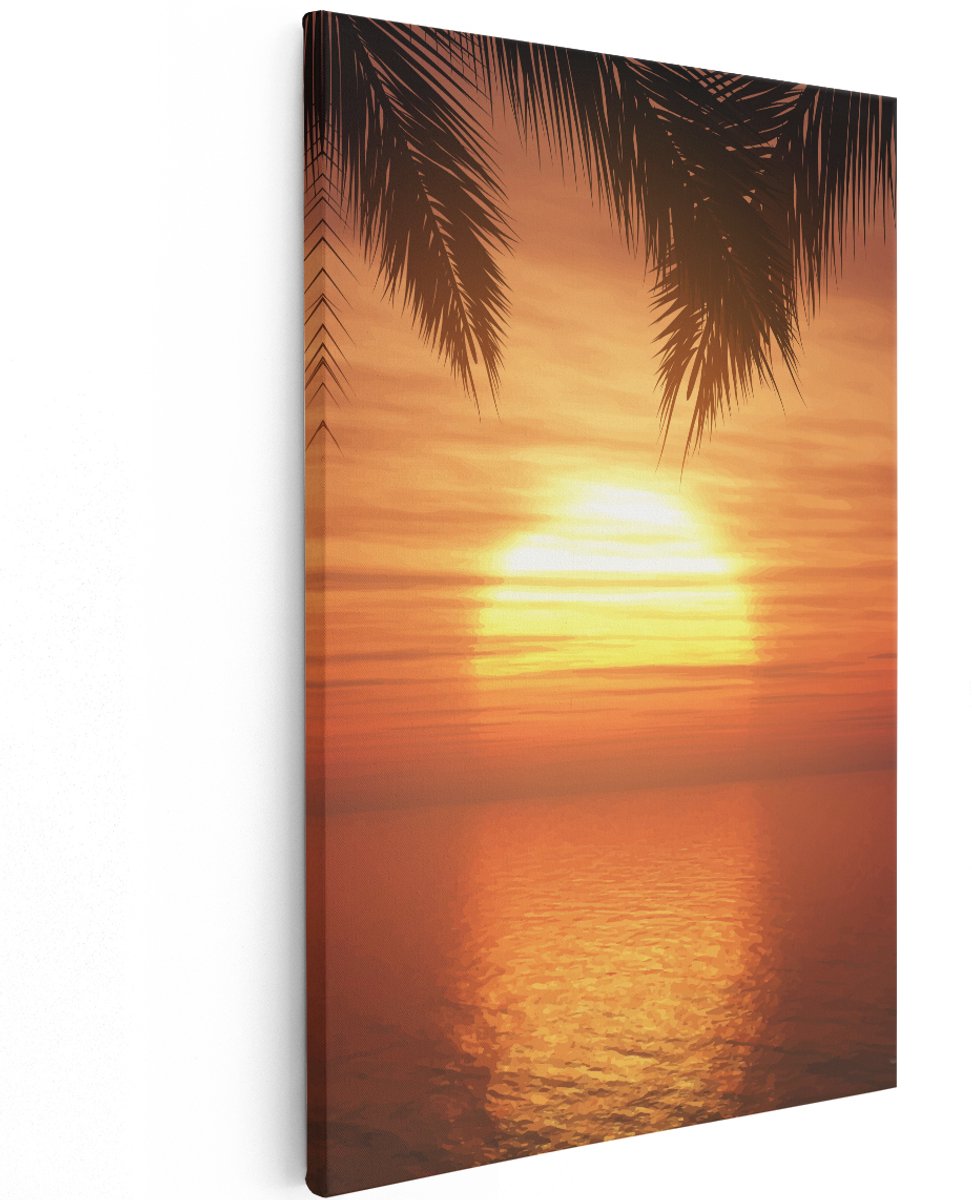 Artaza Canvas Schilderij Zonsondergang Op Het Strand Met Palmbomen - 120x180 cm - Groot - Wanddecoratie Woonkamer - Schilderijen - Muurdecoratie