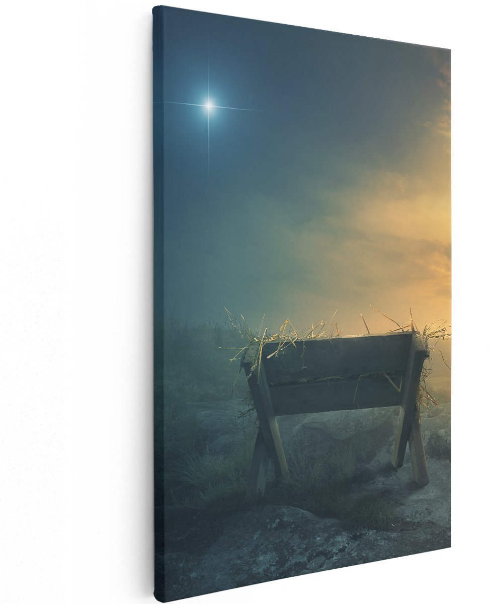 Artaza Canvas Schilderij Kribbe en Drie Kruisen - 120x180 cm - Groot - Wanddecoratie Woonkamer - Schilderijen - Muurdecoratie