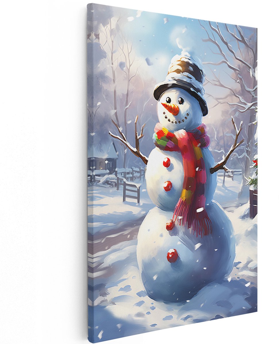 Artaza Canvas Schilderij Blije Sneeuwpop - Kerst - 120x180 cm - Groot - Wanddecoratie Woonkamer - Schilderijen - Muurdecoratie