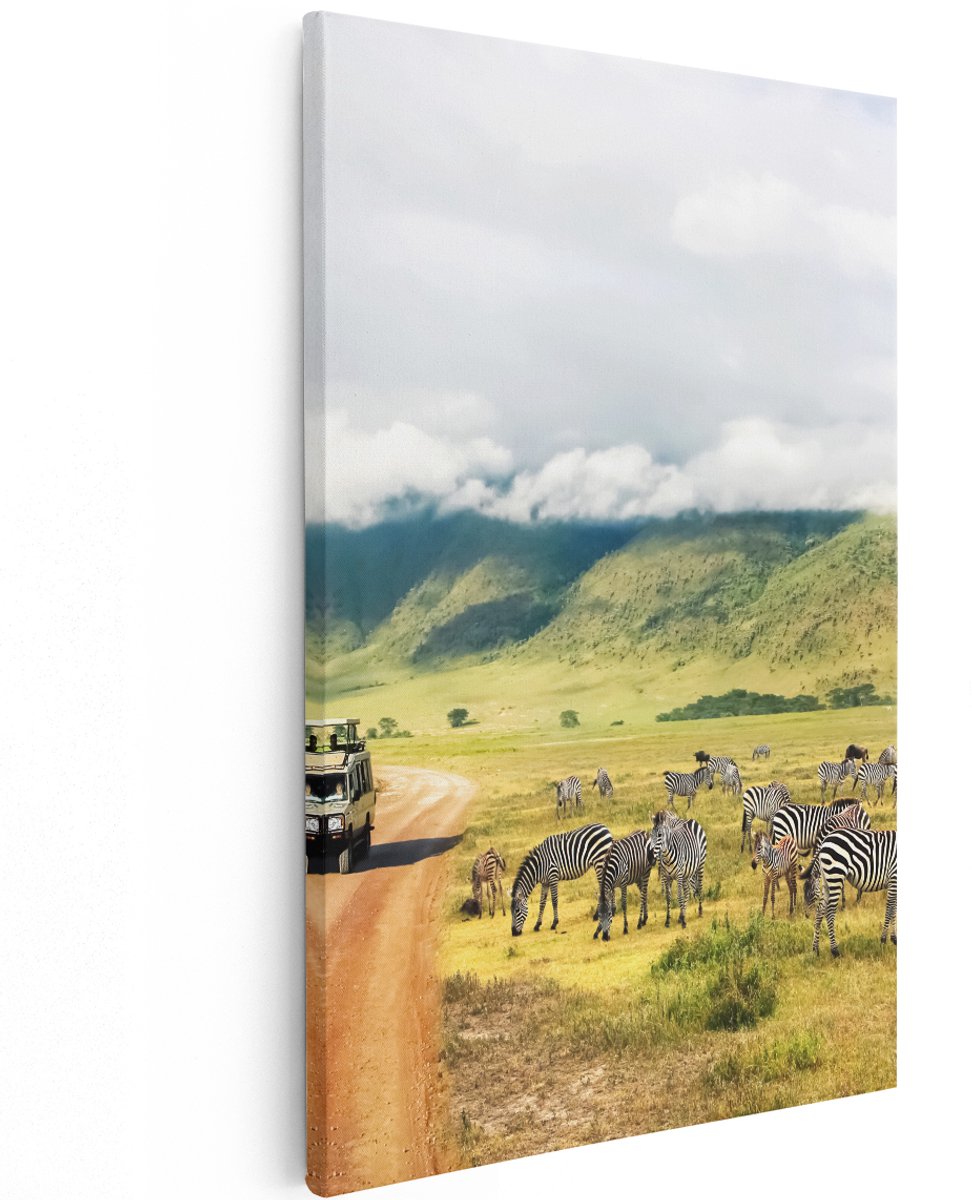 Artaza Canvas Schilderij Safari Auto tussen de Zebra's - 120x180 cm - Groot - Wanddecoratie Woonkamer - Schilderijen - Muurdecoratie