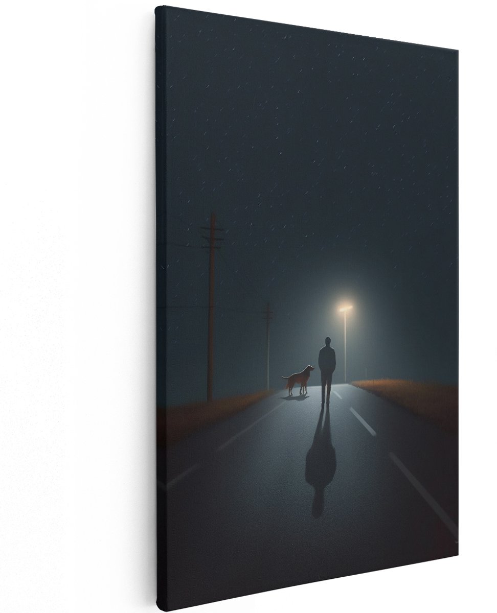 Artaza Canvas Schilderij Man met een Hond in de Nacht - 120x180 cm - Groot - Foto Op Canvas - Wanddecoratie Woonkamer