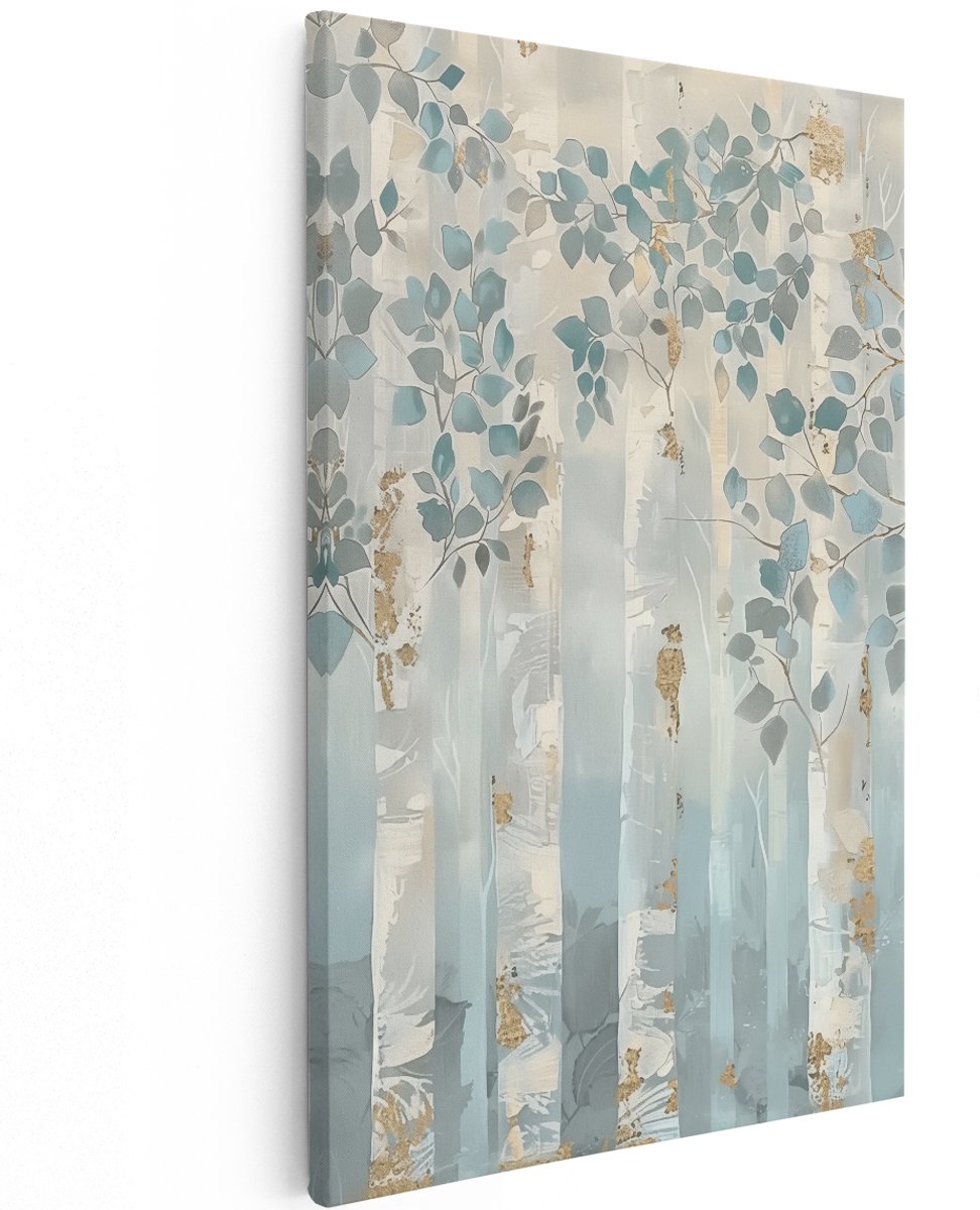 Artaza Canvas Schilderij Abstract Berkenbomen in Blauw en Goud - 120x180 cm - Groot - Wanddecoratie Woonkamer - Schilderijen - Muurdecoratie