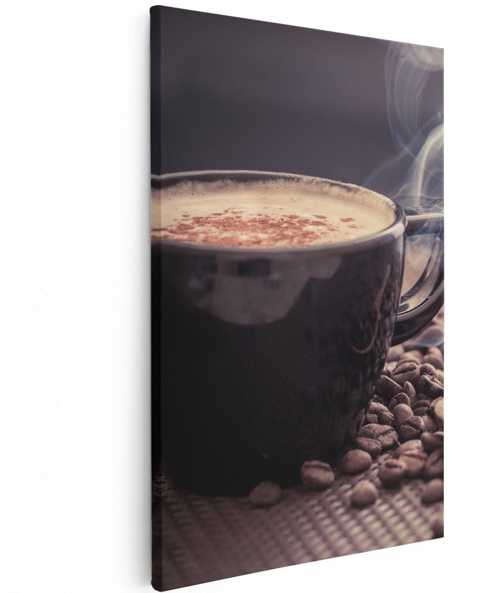 Artaza Canvas Schilderij Hete Koffie Kop Met Koffiebonen - 120x180 cm - Groot - Wanddecoratie Woonkamer - Schilderijen - Muurdecoratie