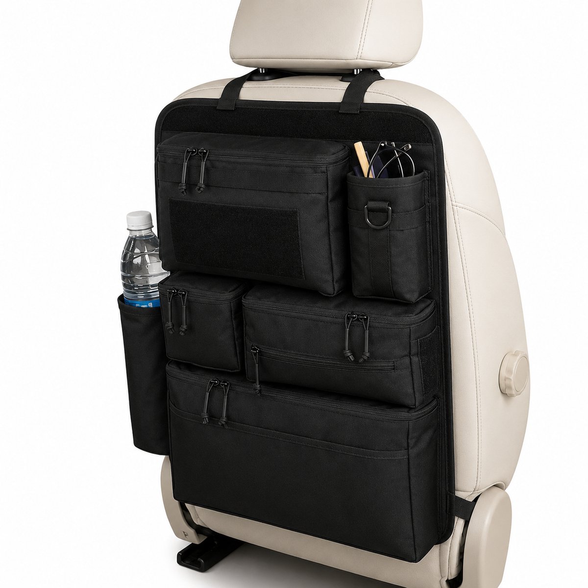 Veya Auto organizer autostoel - 1 stuk - 6 opbergvakken - Afsluitbare ritsvakken - Verstelbare bevestiging - Zwart - 62 x 42 cm