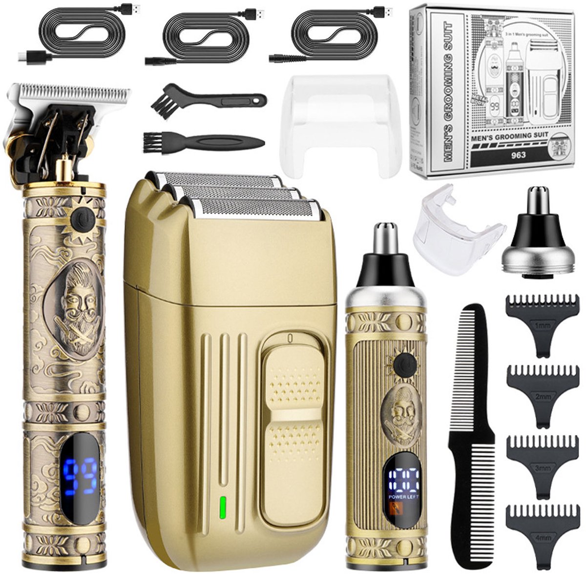 MODFU Tondeuse & Trimmer Set – 4-in-1 voor Haar, Baard, Neushaar & Scheren – LCD-display – 7000 RPM – 4 Opzetkammen – Draadloos – USB-oplaadbaar – Goud