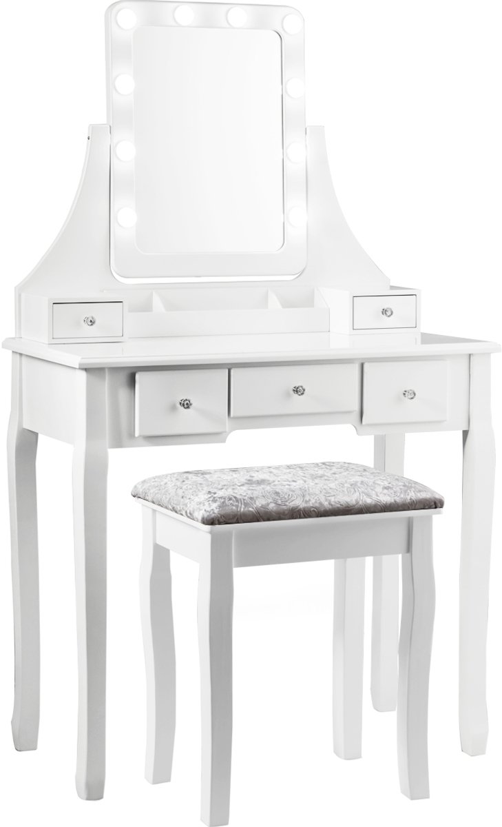 SureDeal® - Make up Tafel - Spiegel met Verlichting - 5 Lades - Met Gestoffeerde Kruk - Luxe Uitstraling - 80x40x135,5 cm - Led Lampen - Wit - Kaptafel - Kast - Organizer - Bureau - Cadeau voor Vrouw