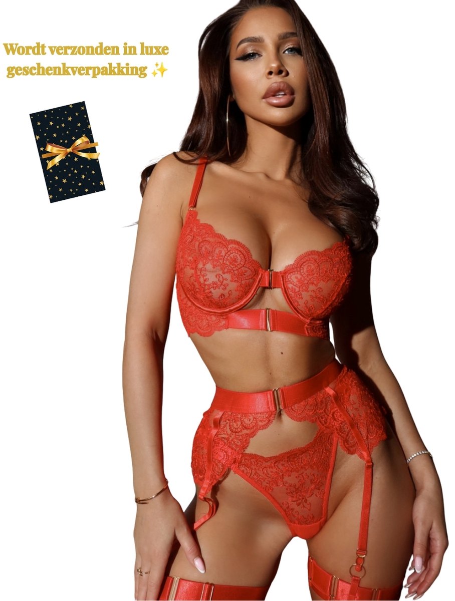 Luxe Lingerieset Dames – Lingerie Erotisch – Sexy Lingerie – 4-delige set – Rood Kant – Lingerie Setje – Verleidelijke BH met Jarretels & Hoge Taille String – Sexy Lingerie – Chique – Luxe –Boudoir Look – Kinky – Erotisch – Maat XS/S, M, L, XL