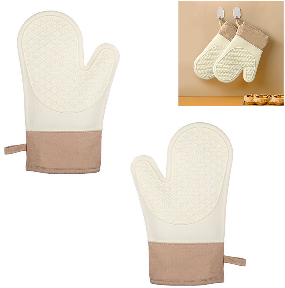 1-paar Siliconen ovenwanten - Ovenwanten met twee vingers - Antislip ovenwanten voor de magnetron - Hittebestendige handschoenen - Handschoenen - 28,5 x 18,5 cm - Geschikt voor bakken, koken, grillen, enz. - Beige, bruin