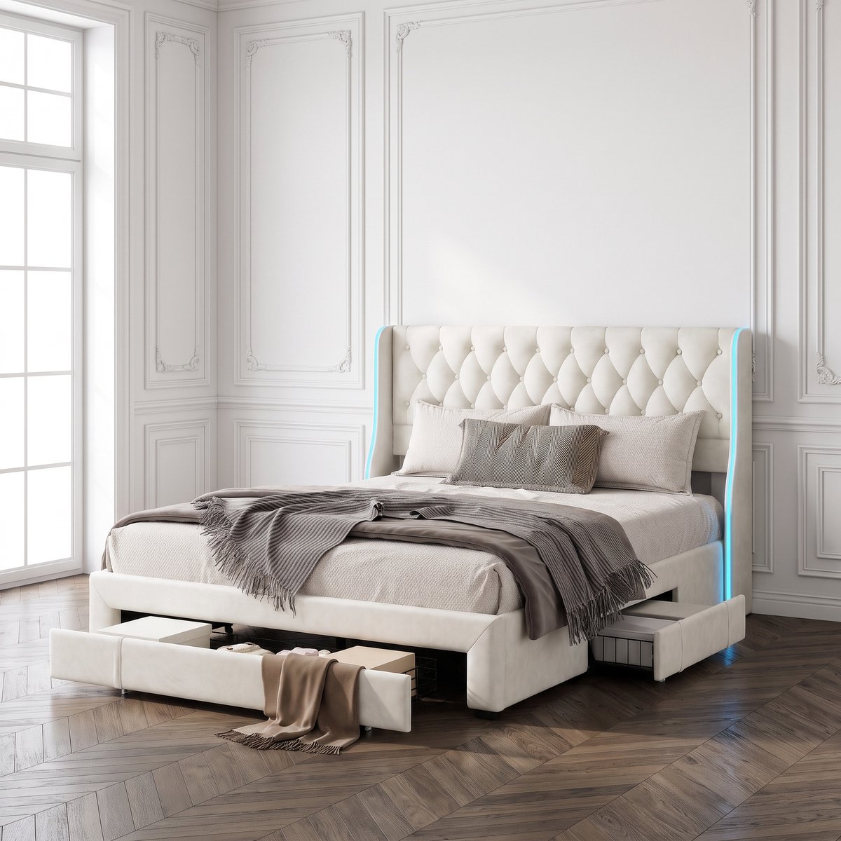 MEXUS 160x200 Bed met Lattenbodem en USB-Oplaadfunctie, Opbergruimte en Hoofdbord, Gestoffeerd Bedframe voor 2 Personen, Tweepersoonsbed met Lades (160x200 cm) Beige