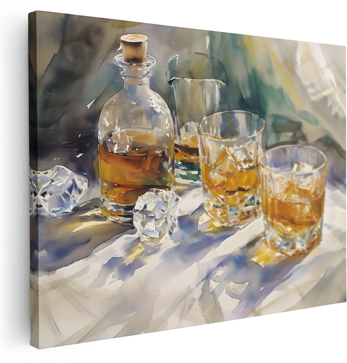 Artaza Canvas Schilderij Whisky Glazen - 160x120 cm - Groot - Wanddecoratie Stilleven Fles - Muurdecoratie Aquarel - Kamer Accessoires Bar