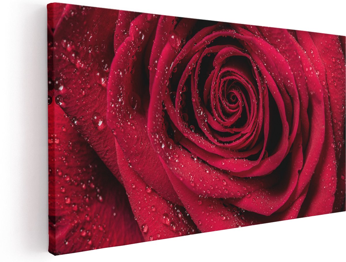 Artaza Canvas Schilderij Rode Roos Met Waterdruppels - Bloem - 180x90 cm - Groot - Wanddecoratie Woonkamer - Schilderijen - Muurdecoratie