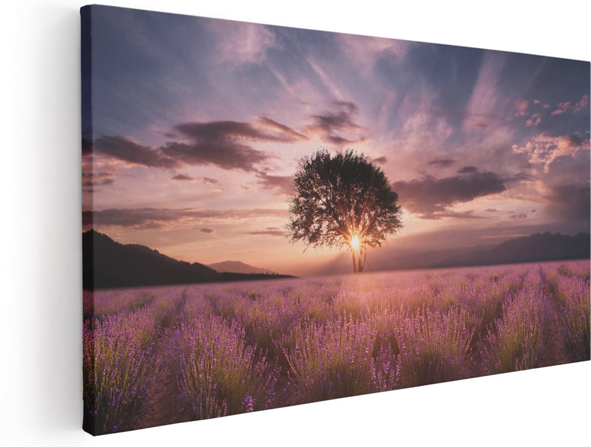 Artaza Canvas Schilderij Bloemenveld Met Lavendel Bij Zonsondergang - 180x90 cm - Groot - Wanddecoratie Woonkamer - Schilderijen - Muurdecoratie