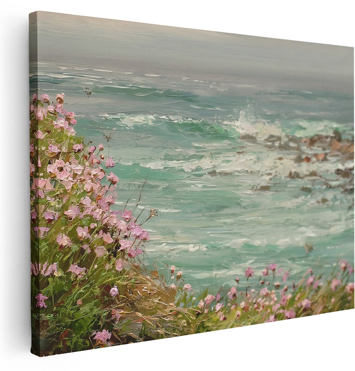 Artaza Canvas Schilderij Strand - 160x120 cm - Groot - Wanddecoratie Roze Bloemen - Muurdecoratie Kust - Kamer Accessoires Natuur