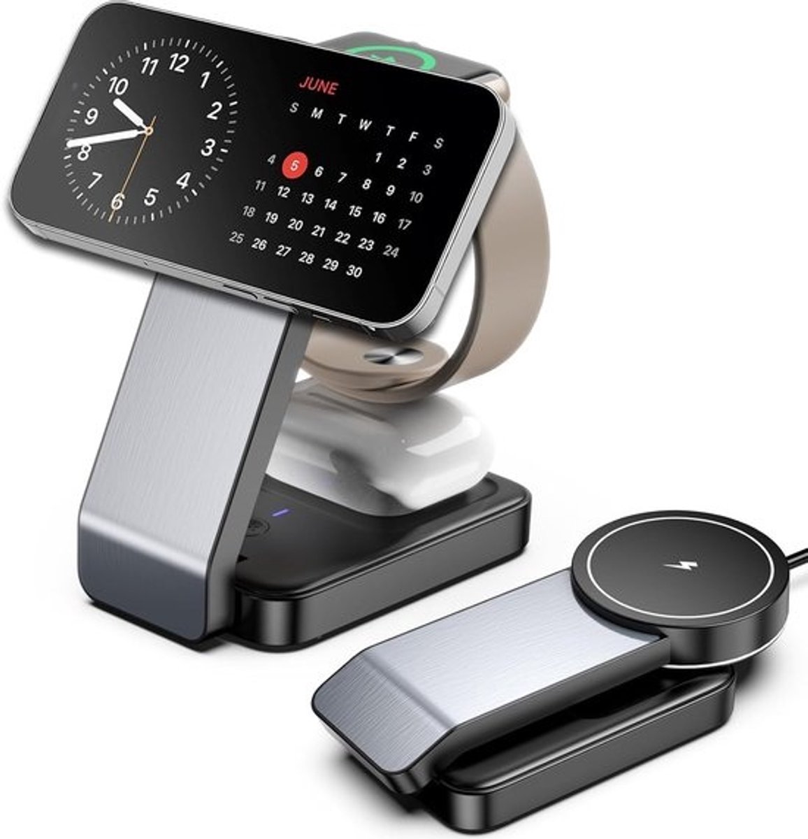 3-in-1 Magnetische Draadloze Oplaadstandaard voor Telefoon, Horloge en Oordopjes - Opvouwbaar