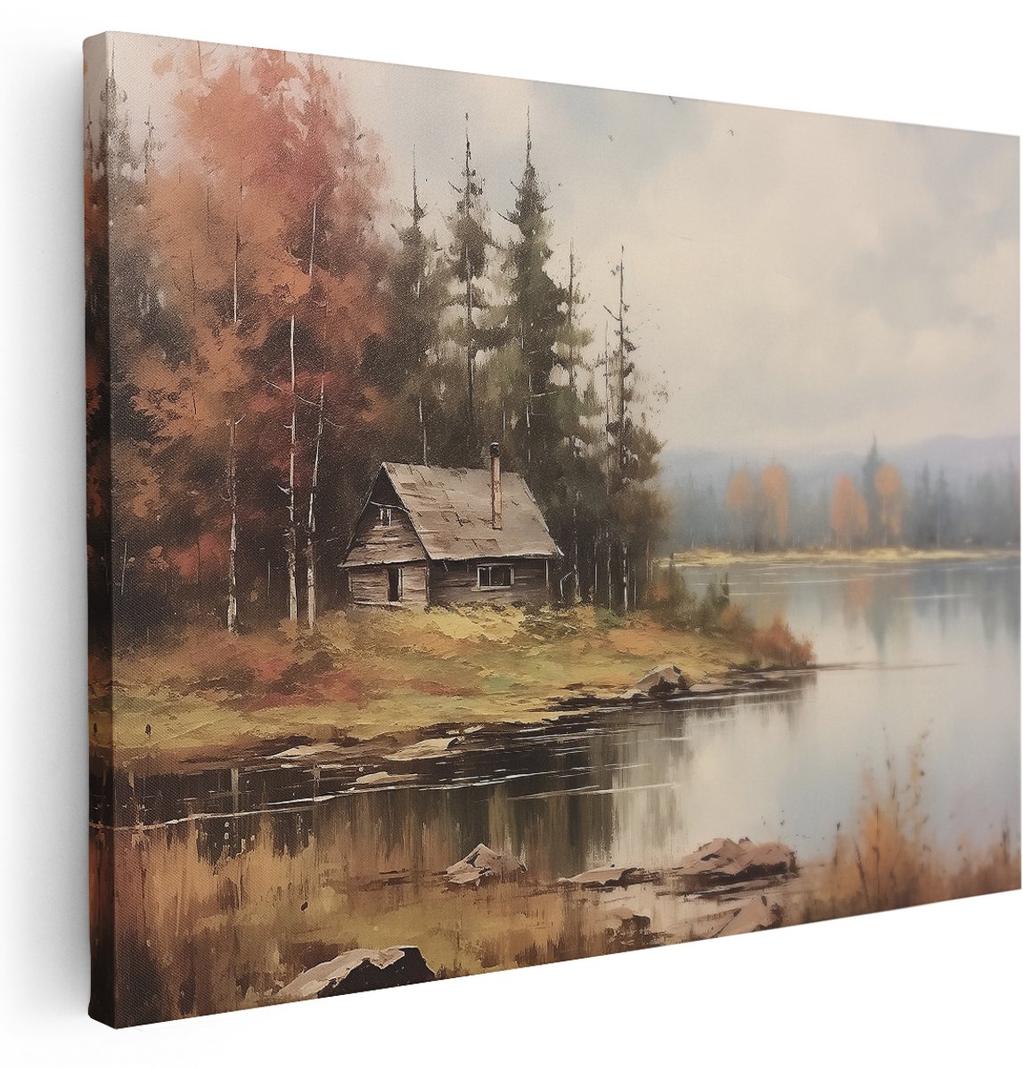 Artaza Canvas Schilderij Herfst - 160x120 cm - Groot - Wanddecoratie Bos Meer - Muurdecoratie Oude Meesters - Decoratie Landschap Natuur