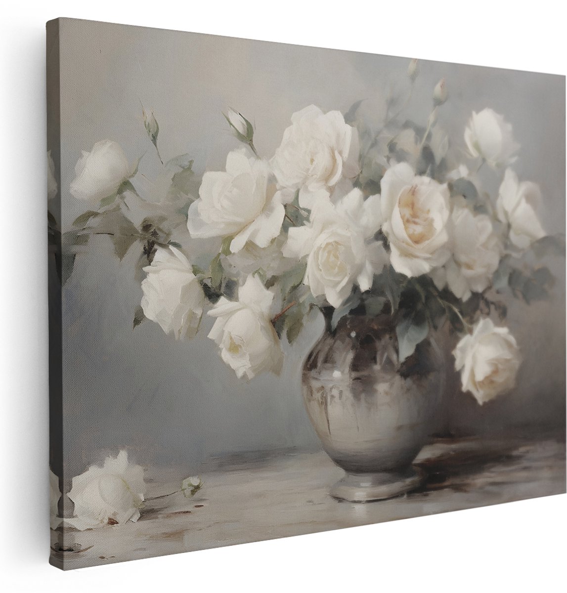 Artaza Canvas Schilderij Stilleven Witte Rozen - 160x120 cm - Groot - Wanddecoratie Bloemen - Muurdecoratie Brocante - Schilderijen Op Canvas
