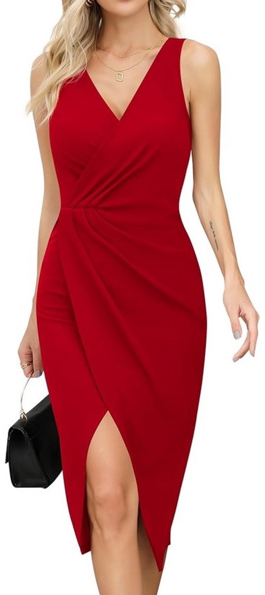 Elegante V-Hals Wikkeljurk Mouwloos met Split - Midi Jurk voor Bruiloft of Feest