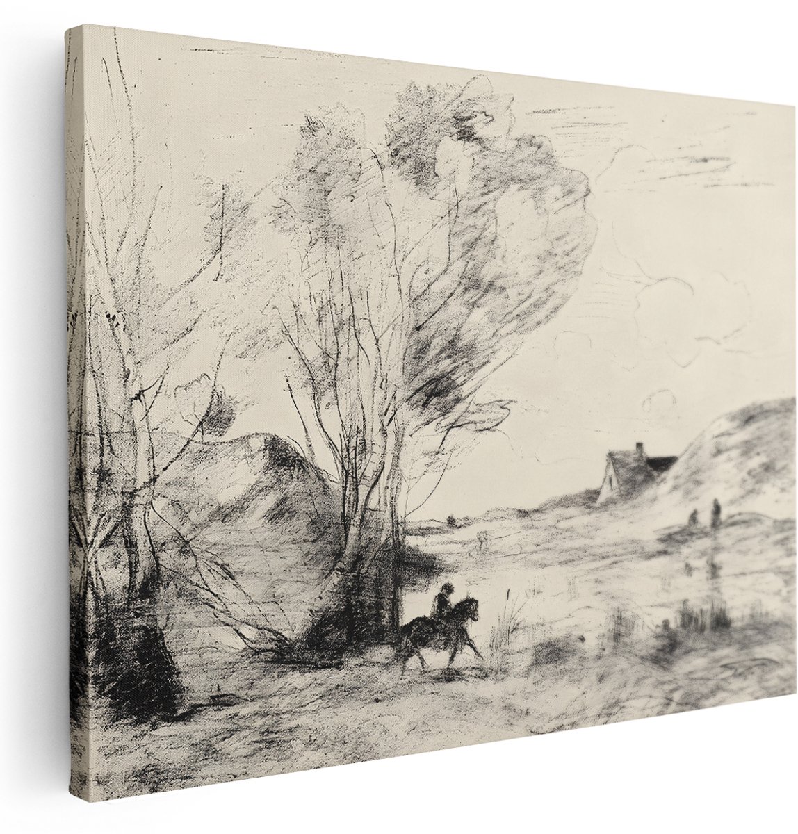Artaza Canvas Schilderij Paard - 160x120 cm - Groot - Wanddecoratie Landelijk - Muurdecoratie Bomen En Huis - Kamer Accessoires Zwart Wit