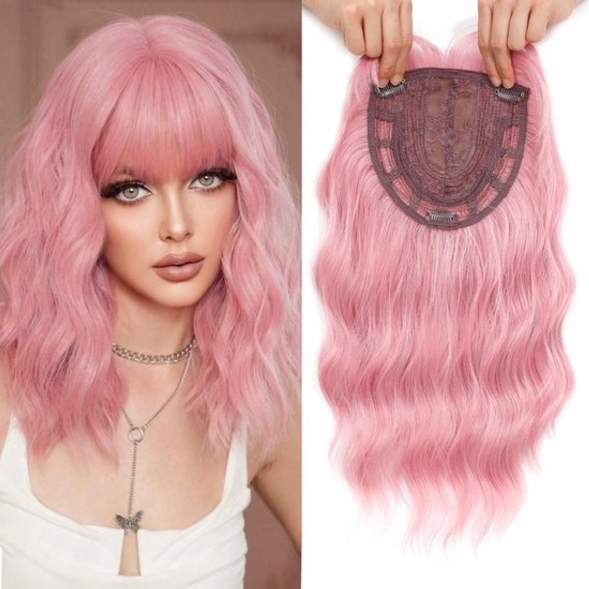 Golvende Haar Topper met Pony 35 cm Synthetisch Rosékleurig Haarstuk voor Dames