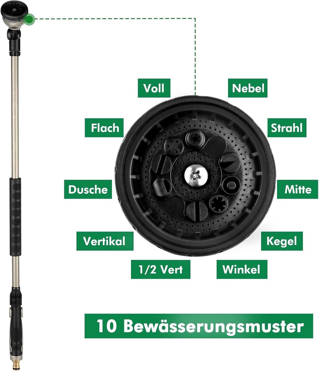 Extra Lange Watering Rod van 92 cm, Metalen Tuinsproeier met 180° Draaikop, 10 Spuitpatronen en Handmatige Flow Controle voor Efficiënte Irrigatie van Planten en Struiken