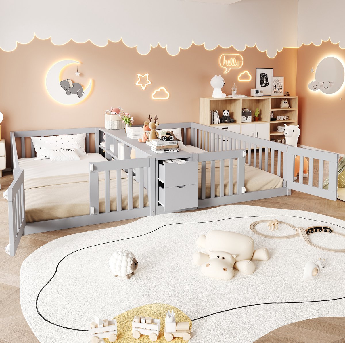 Bed – 2 Bedden 90 x 200 cm met Opbergruimte, Lades en Veiligheidshekken – Hout – Grijs – Kinderen