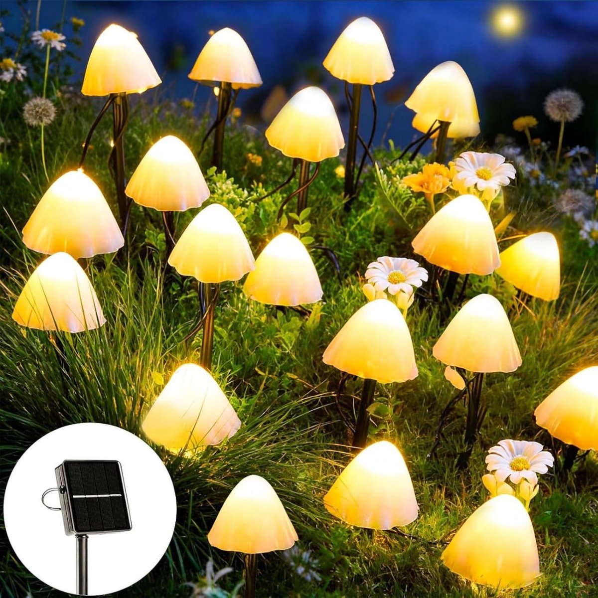 SSTRWGOOD Decoratieve tuinverlichting op zonne-energie (paddestoelvorm) – 5 m, 20 leds – 8 standen – Paddestoelverlichting op zonne-energie – Snoer met solarlampjes voor buiten – Geschikt voor tuinen, gazons, balkons, terrassen – Warmwit licht