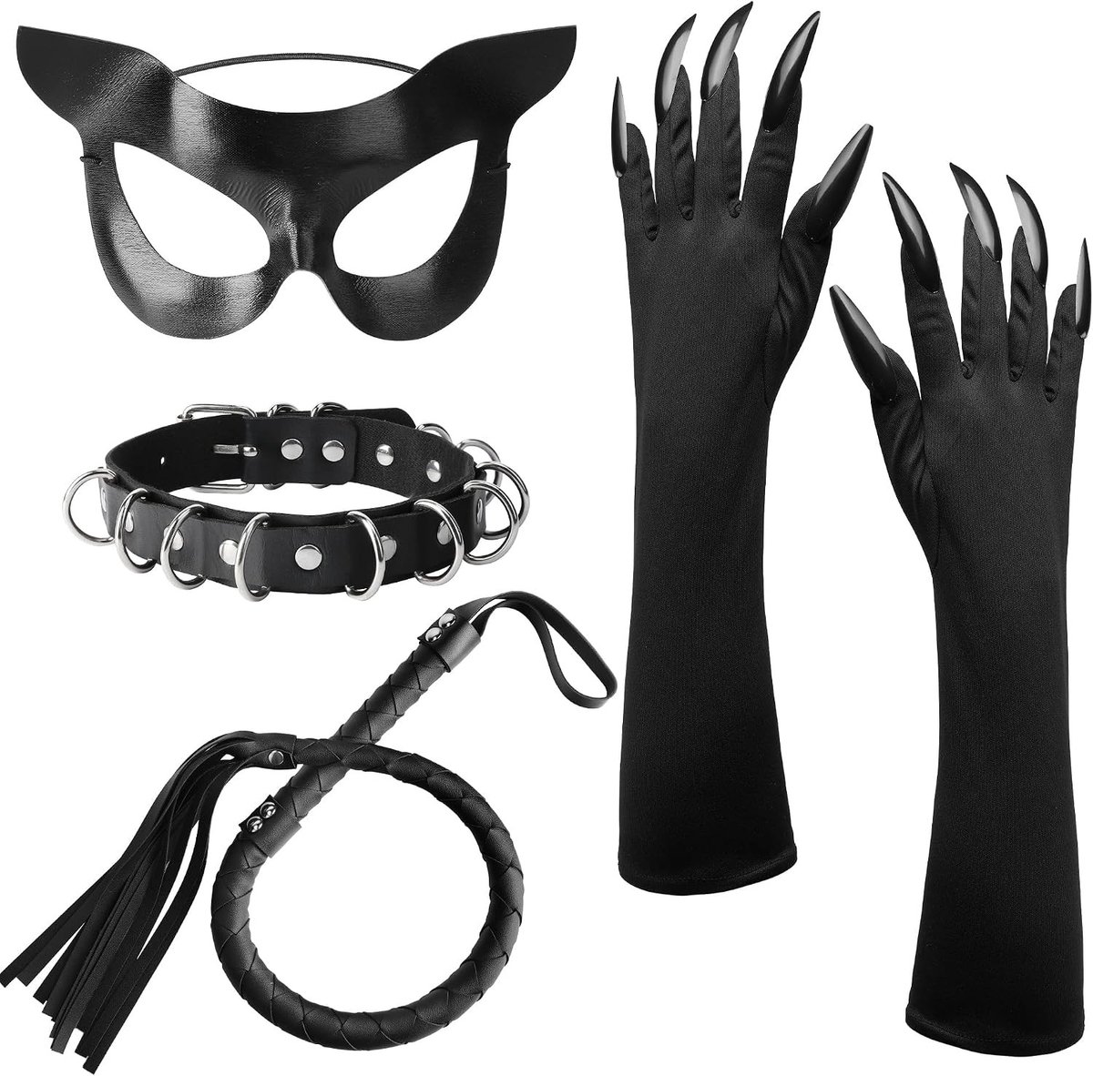Zwart Kat Kostuum voor Dames met Masker, Handschoenen, Zweep en Ketting voor Halloween en Carnaval Cosplay Feest