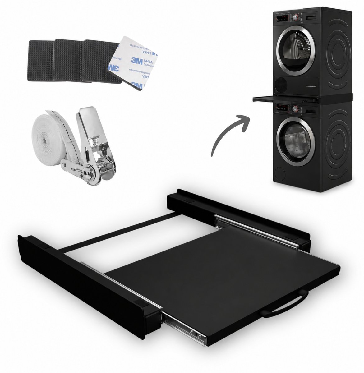 Dastium Home - Zwarte Stapelkit Wasmachine en Droger - Stapelset Wasmachine en Droger - Tussenstuk Wasmachine en Droger - Universeel - Zwart