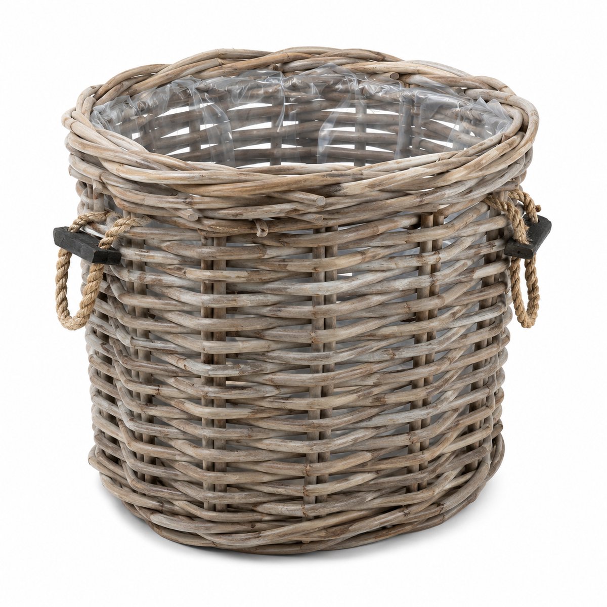 Ronde Rotan Plantenmand - Houtmand - Ø60xH55 cm - Jute Houten Handvat