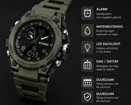 Groen sport horloge met "SPORT WATCH" en "WATER RESIST" opschrift. Iconen voor alarm, waterbestendig, led backlight, dag/datum, duurzaam.