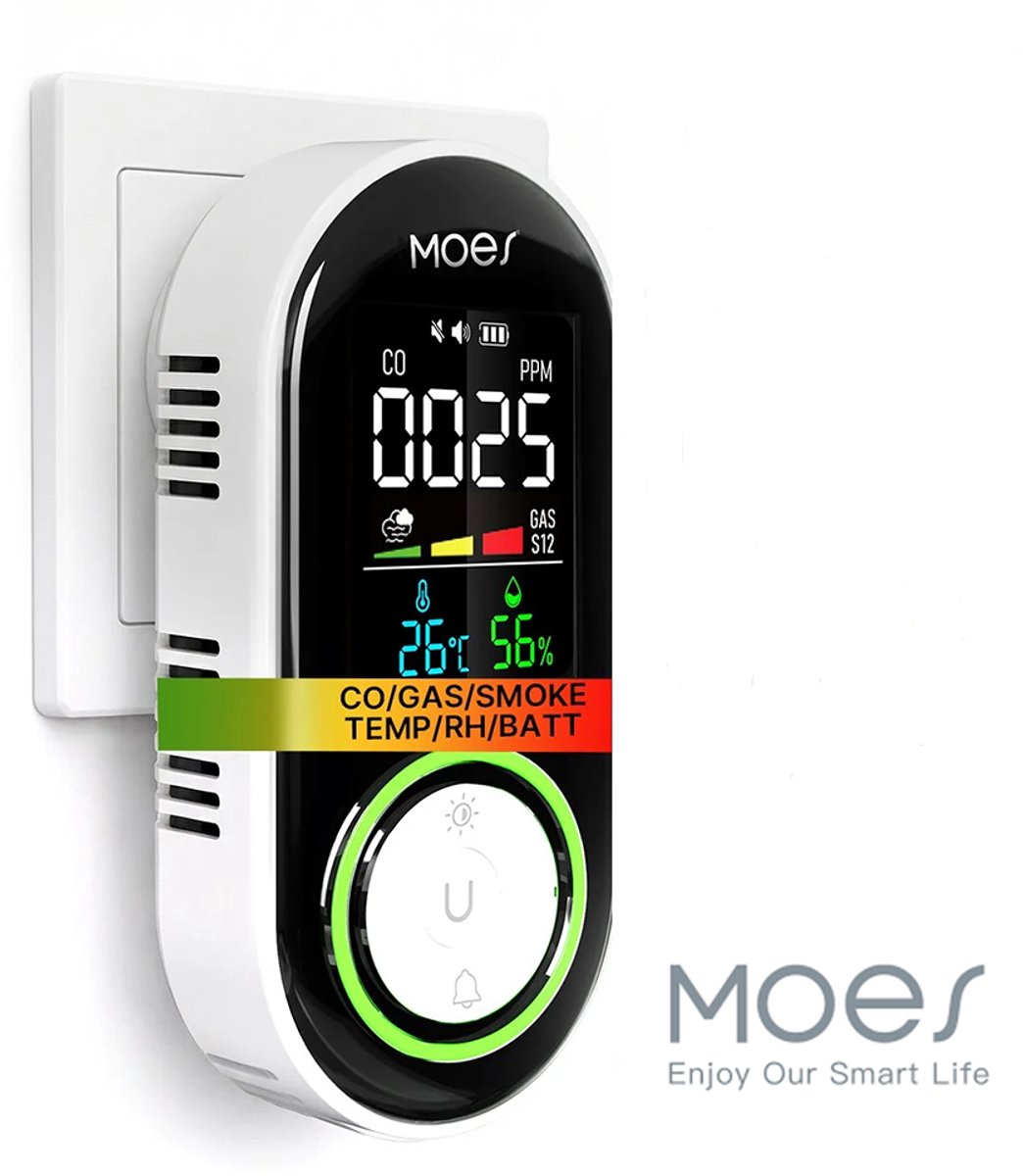 Moes 5-in-1 rookmelder | detecteert rook - gas - CO | Meet temperatuur en vocht | Stekker + back-up batterij | 85 decibel alarm | full color scherm | vervaardigd uit brandvertragend ABS plastic
