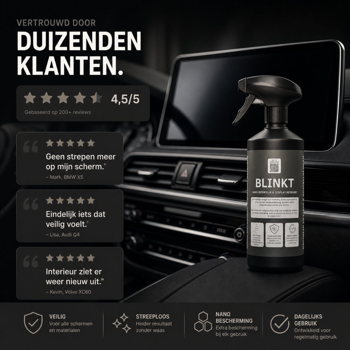 Interieur & Beeldschermreiniger met Nano Coating & 40x40cm Droogdoek Set - Dashboard & Touchscreen Reiniger - 500 ml - BLINKT – foto 2
