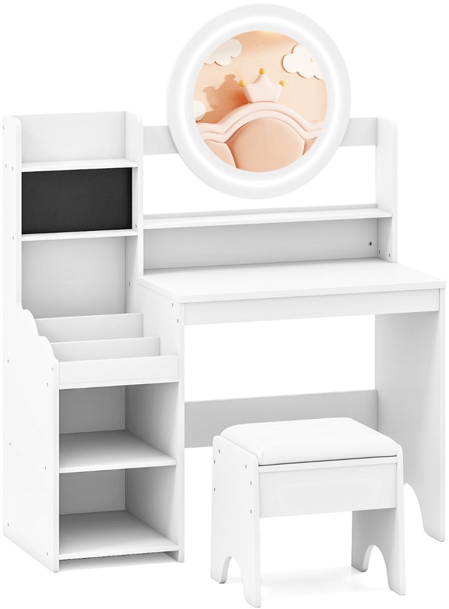 SureDeal® - Kaptafel - Kinderschminktafel - Spiegel - Verlichting Prinsessenspeeltafel - Plank Ringgleuven - 84x37x107 cm - Wit