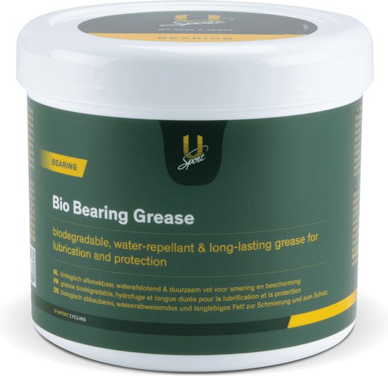 Pot met groen label, 'Bio Bearing Grease', met witte opdruk en een geel vlak met logo op het deksel.