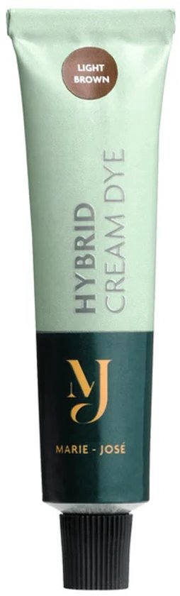 Tube Marie-José Hybrid Cream Dye in lichtbruin met donkergroen en gouden logo op een witte achtergrond.
