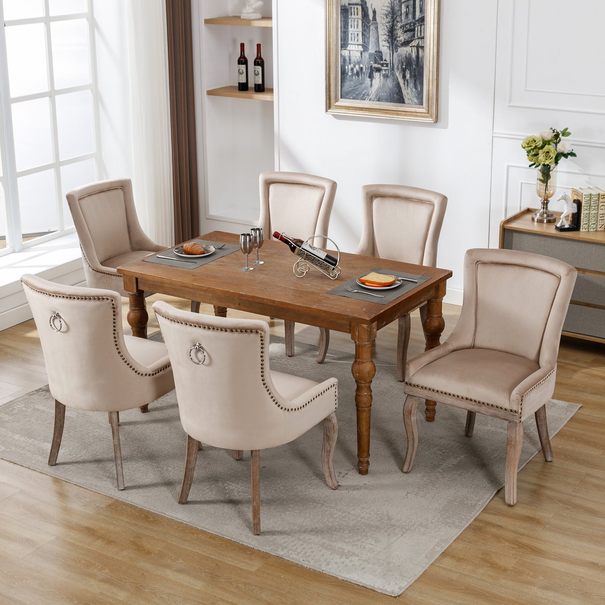 Welltin Eetkamerstoelen Set van 6 - Luxe Stoel - Velvet Stoel - Gestoffeerde Stoel - Keukenstoel - Woonkamerstoel - Stoel met Nagelkopdetails - Massief Houten Poten - Moderne Design Stoel - Beige