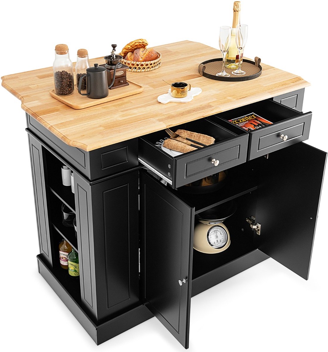 SureDeal® - Keukentrolley - Keukeneiland - Uitbreidbaar Werkblad Keukenkast - Laden Zijplanken - Niveaus Hout Kookeiland - 120x61x92 cm - Zwart