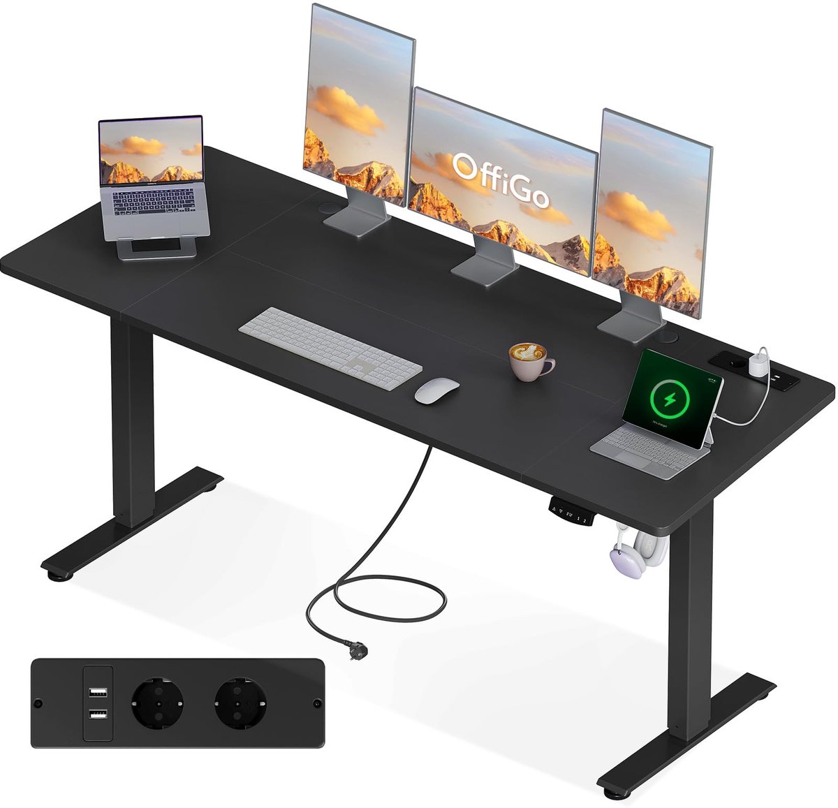 OffiGo Bureau Hoogteverstelbaar met Stopcontacten, 200cm, Zwart - ShopVlot