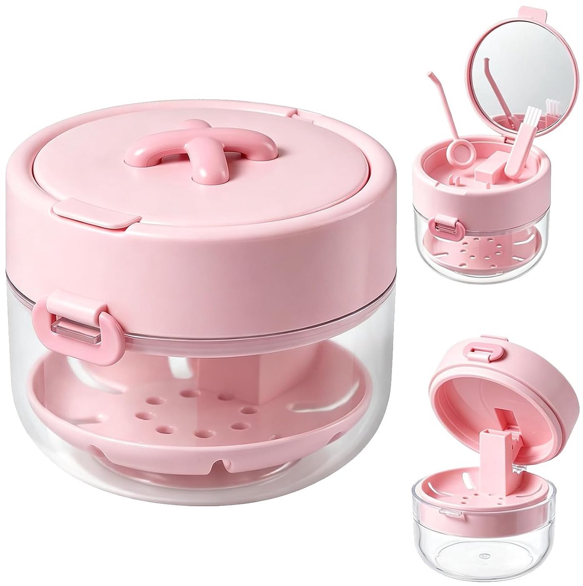 LISM-Reinigingsdoos voor Retainers; Retainerdoos voor vrouwen en tieners; 3-in-1 Reinigingsdoos voor Kunstgebitten met Spiegel, Reinigingsborstel en Verwijderingsinstrument (Roze)