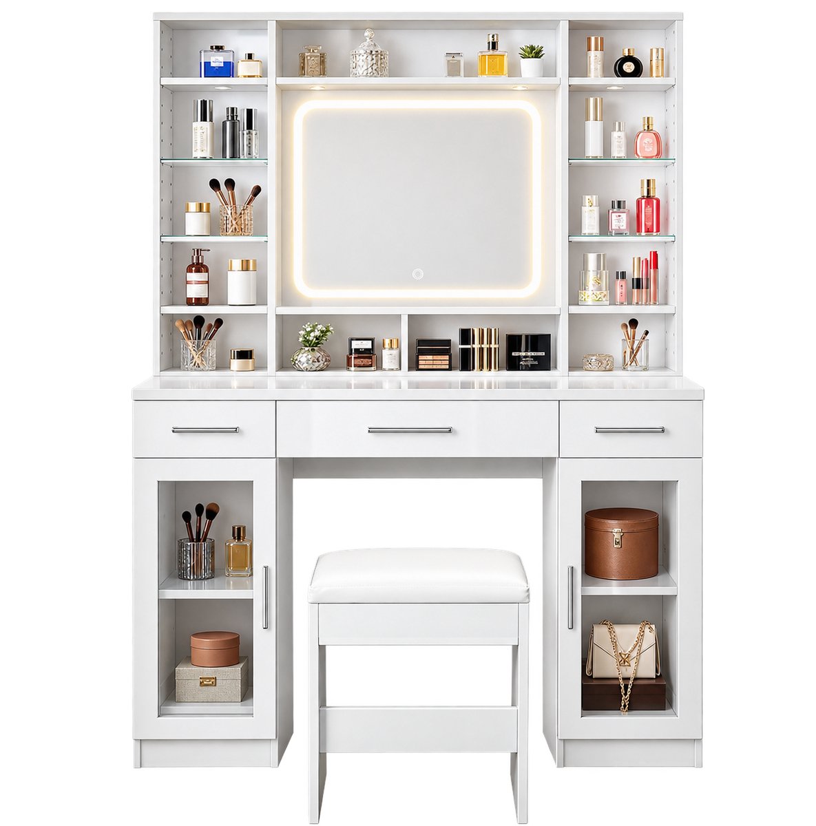 Lamor Kaptafel met spiegel - Make up tafel - Kaptafels - Dimbare Led spiegel - Opberging - Incl. kruk - 110,23 x 39,9 x 147,57 cm