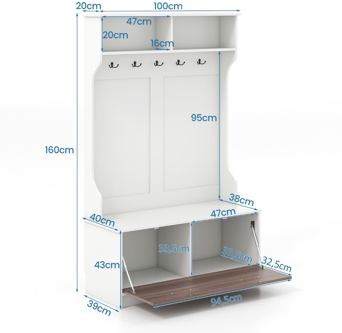 SureDeal® - Kapstok - Schoenenrek - Hout - Bankje - Kast - Wit - 100x40x160 cm - Garderobe - Wandkapstok - Schoenenkast - Slaapkamer