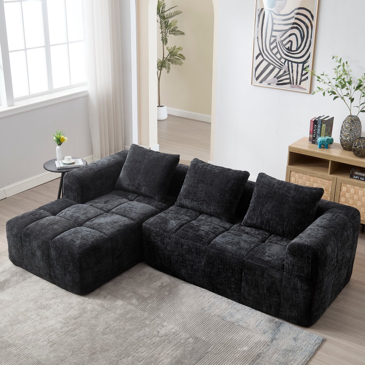 Sweiko 3-zits Bank - L- bank - Geen installatie nodig - Chenille stof - 3 kussens - Zwart