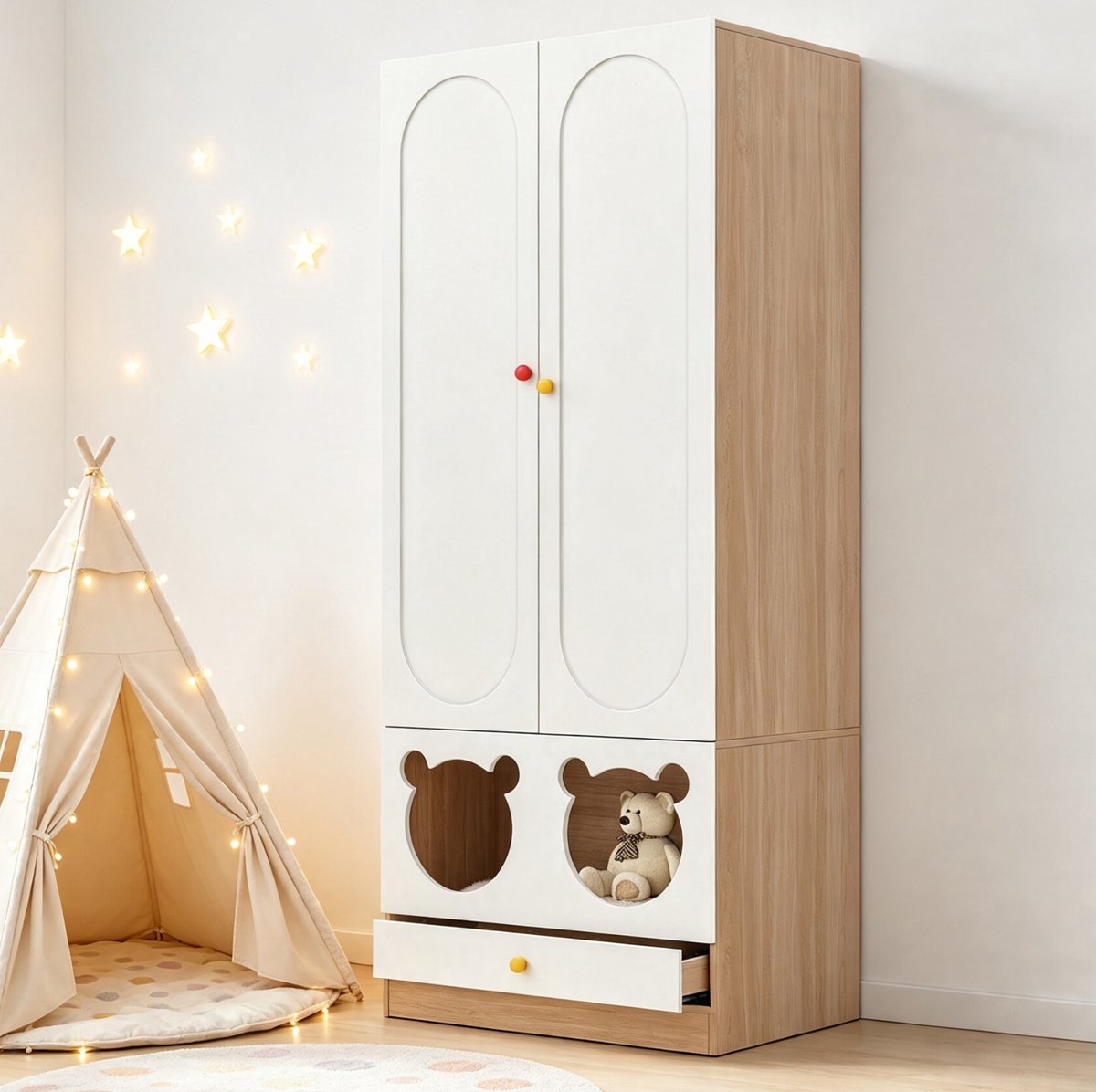 DESMIU Kinderkledingkast - Twee Deuren Met Hanggedeelte En Laden - Voor Kinderkamer En Slaapkamer - MDF En Spaanplaat - 80x50x200 Cm - Natural White