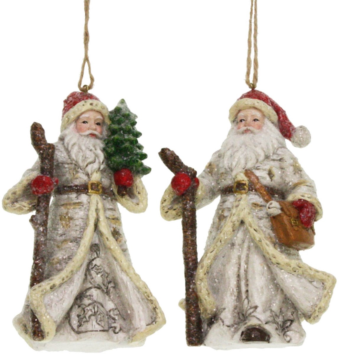 2x Ornament Kerstman met kerstboom/tas creme, 2ass 8x5,5x12cm