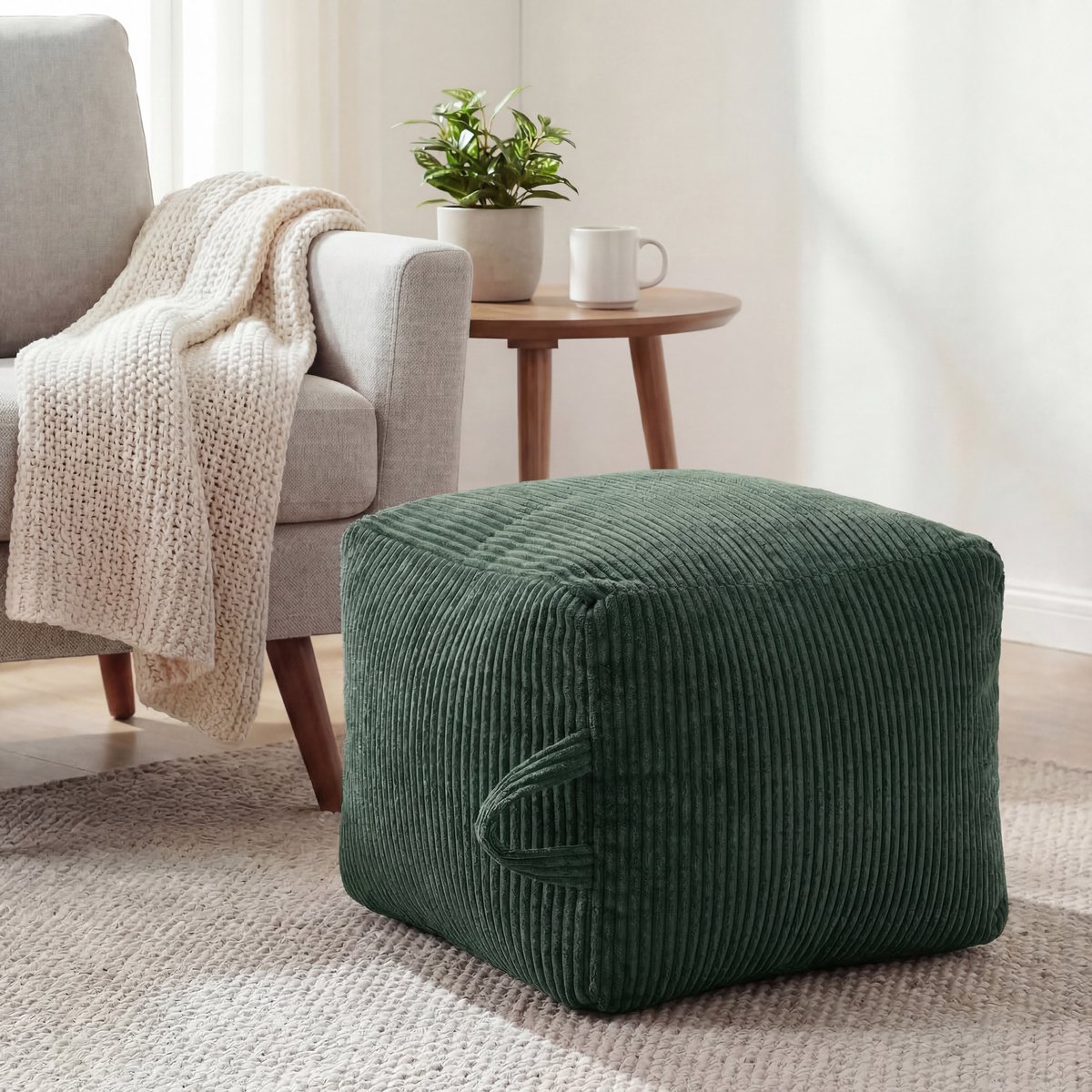 SHANNA Vierkante Poef - Zachte Corduroy - 50×50×35 cm - Donkergroen - Afneembare ritshoes - Multifunctionele voetensteun